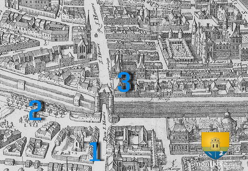 Carte de Paris en 1615, porte Saint-Honoré, Eglise Saint-Roch et Marché aux Pourceaux ( devenu cheveaux )