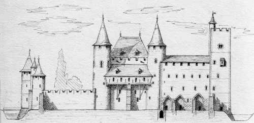 Essai de reconstitution de l&#039;aspect du bâtiment au XIIe siècle, côté Loing par Paul BOUEX (1865-1940)